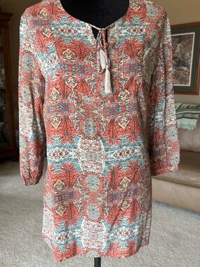 Tribal Boho Top in Coral and Teal M